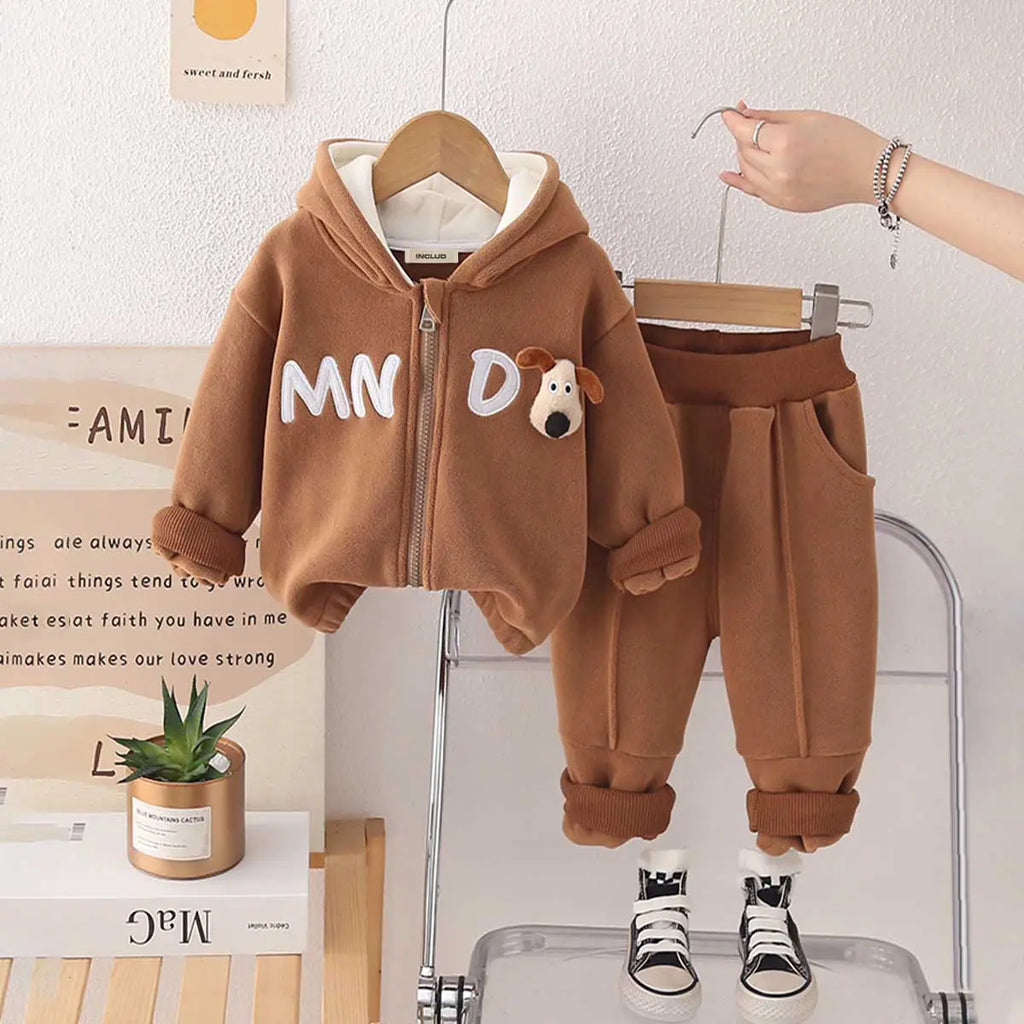 Boys Brown Letters Embroidered Fleece Hooded Zipper Jacket With Jogger Co-ord Sets Sets Brown 1-2 Y