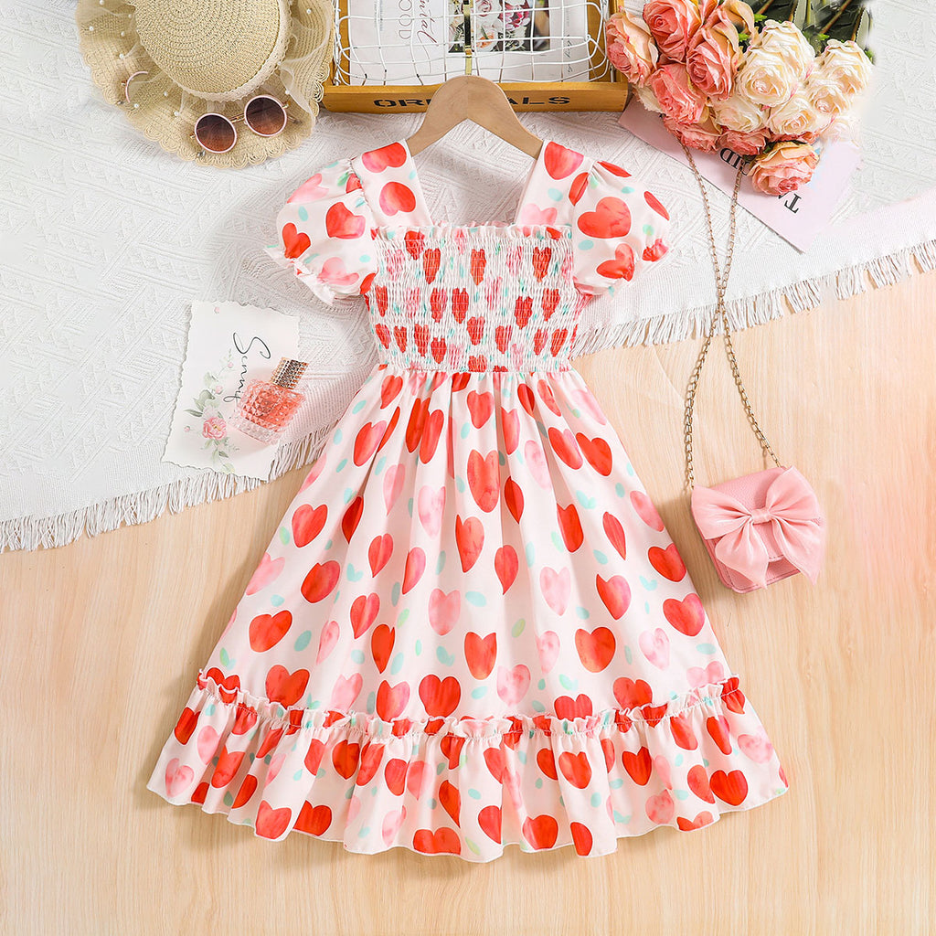 Girls White Heart Print Smocked Casual Midi Dress Casual Dresses White 3-4 Y
