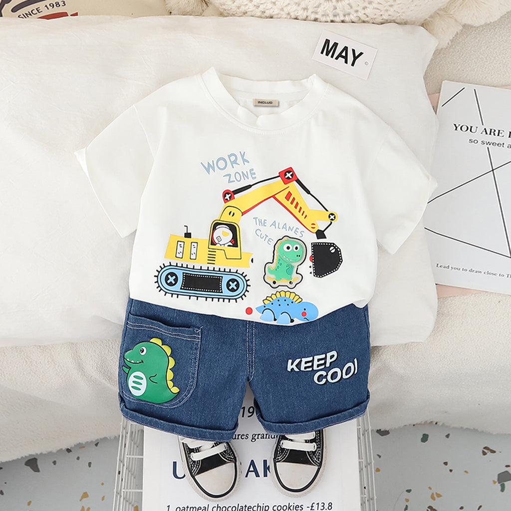 Boys White Excavator Printed T-Shirt With Denim Shorts Set 2 pc. Sets White 1-2 Y