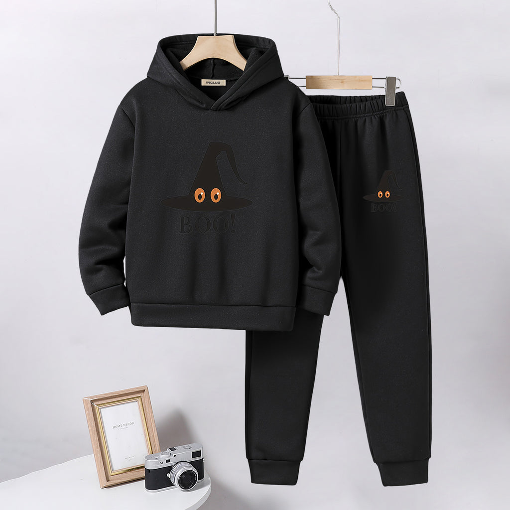 Boys Black Spooky Hat Print Hooded Sweatshirt with Joggers Set Sets Black 5-6 Y