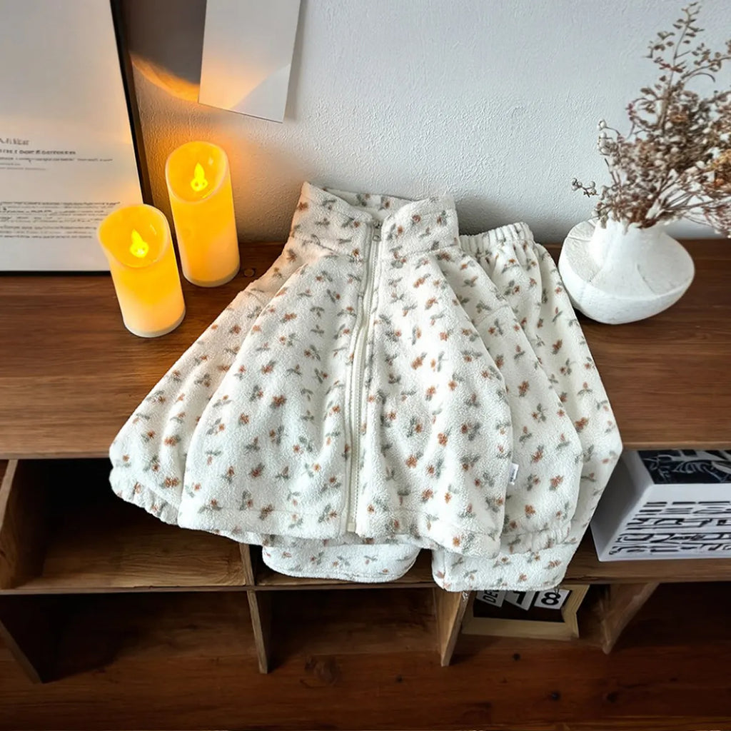 Girls Off White Fleece Floral Printed Zip-up Jacket With Pants Co-ord Sets Sets Off White 1-2 Y