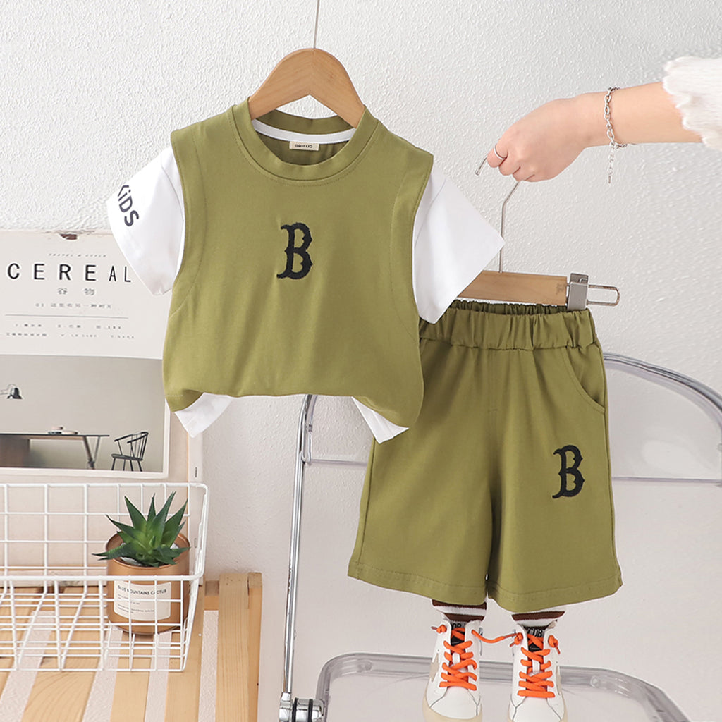 Boys Green Typographic Printed Short Sleeves T-Shirt With Shorts Set 2 pc. Sets