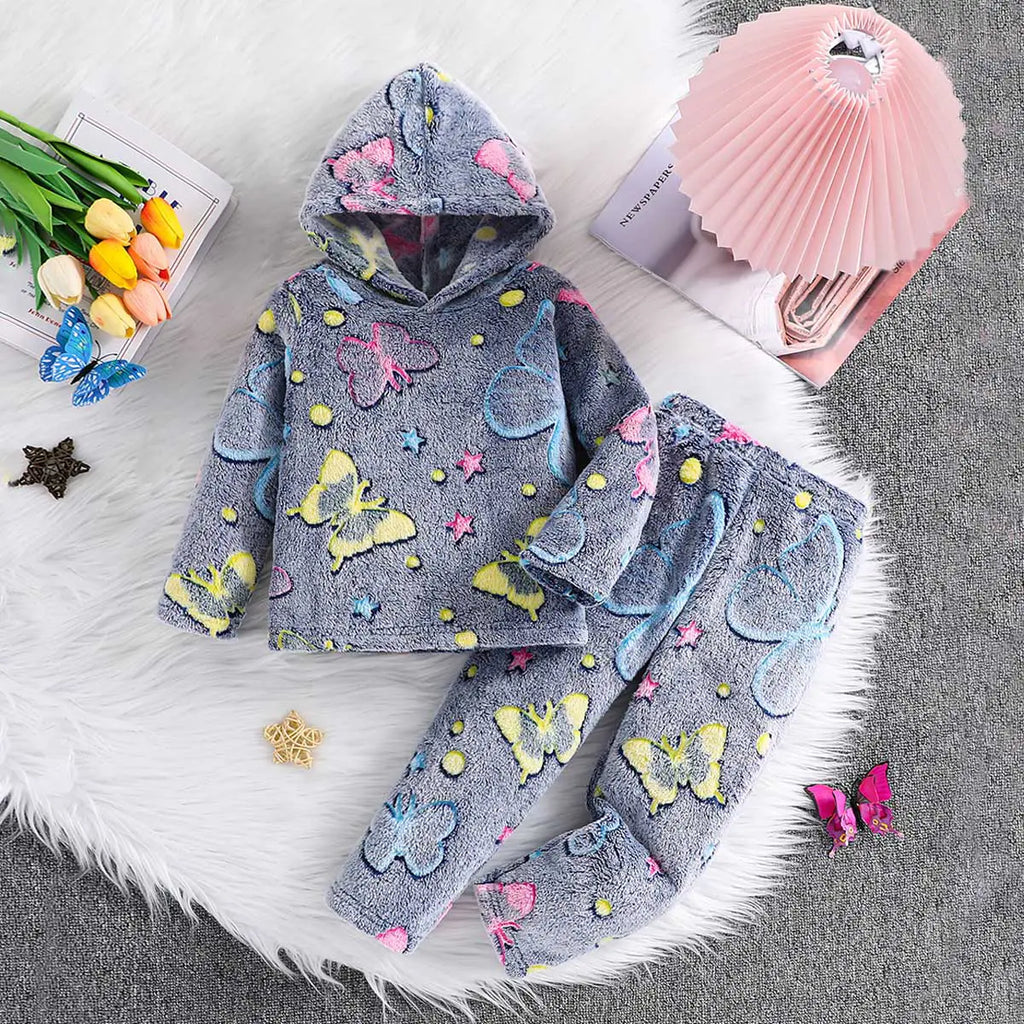 Girls Grey Self-Design Butterfly Patterns Hooded Fleece Sweatshirt With Pant Co-ord Sets 2 pc. Sets Grey 3-4 Y