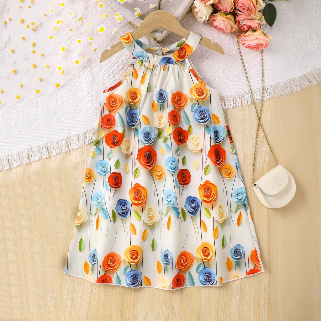 Girls Multicolor Rose Floral Printed Sleeveless A-Line Dress Casual Dresses Multicolor 3-4 Y