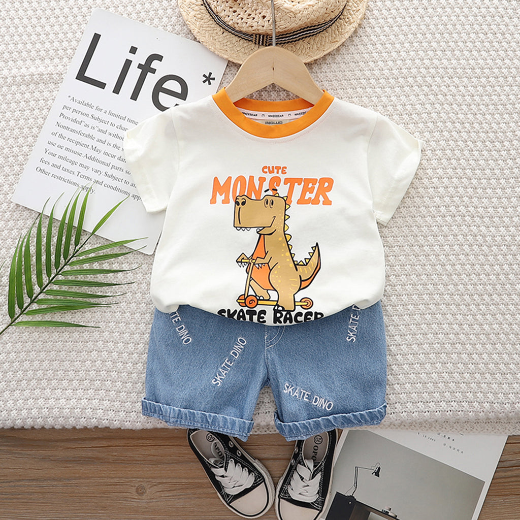 Boys White Monster Skates Print Short Sleeve T-Shirt With Denim Shorts Set 2 pc. Sets Off White 1-2 Y