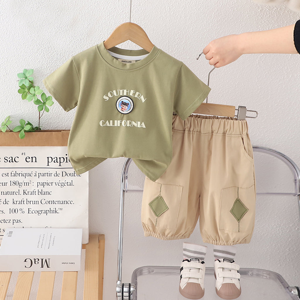 Boys Green Typographic Printed Short Sleeves T-Shirt With Pants Set 2 pc. Sets Green 1-2 Y