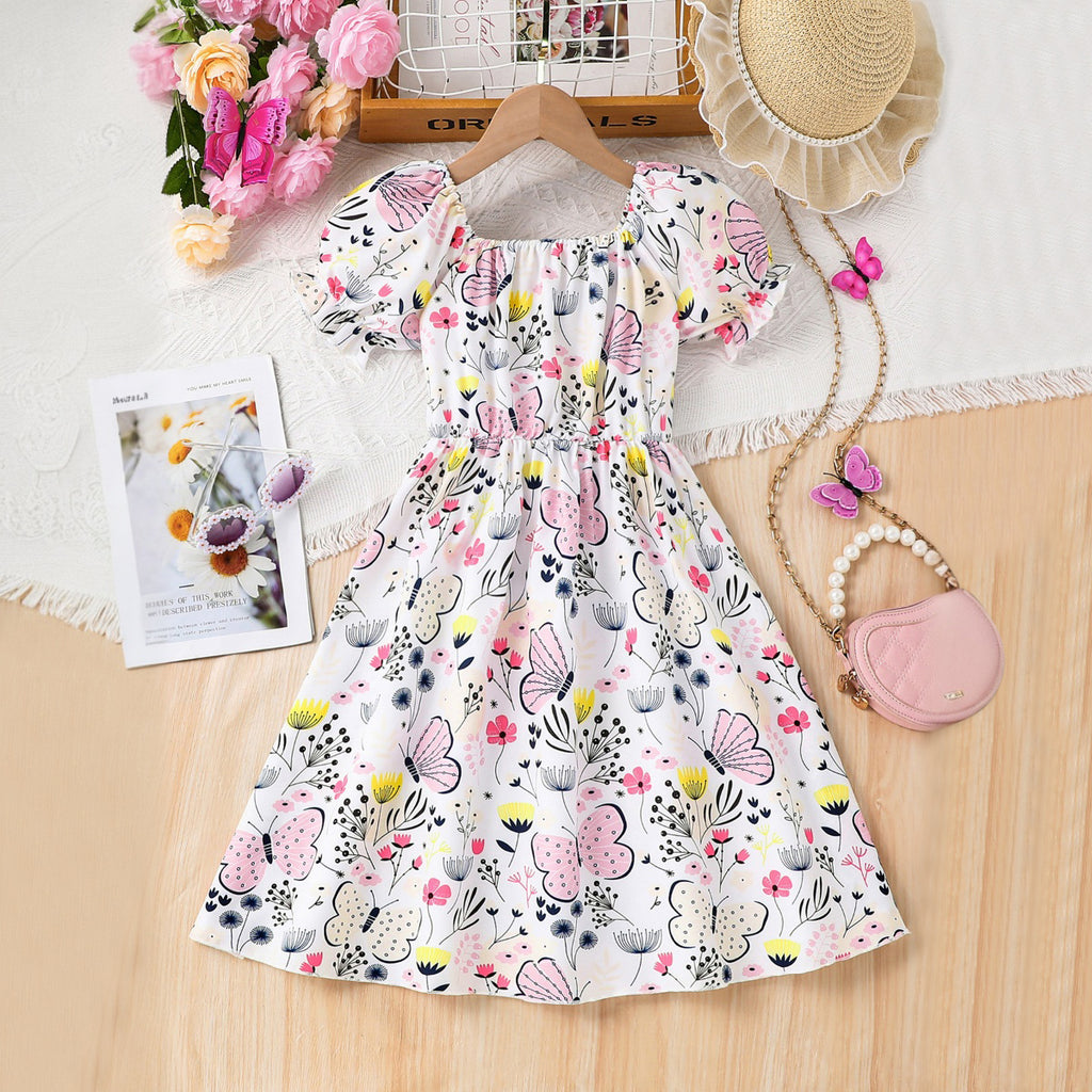 Girls Multicolored Butterfly Printed Scoop Neck Fit & Flare Dress Casual Dresses