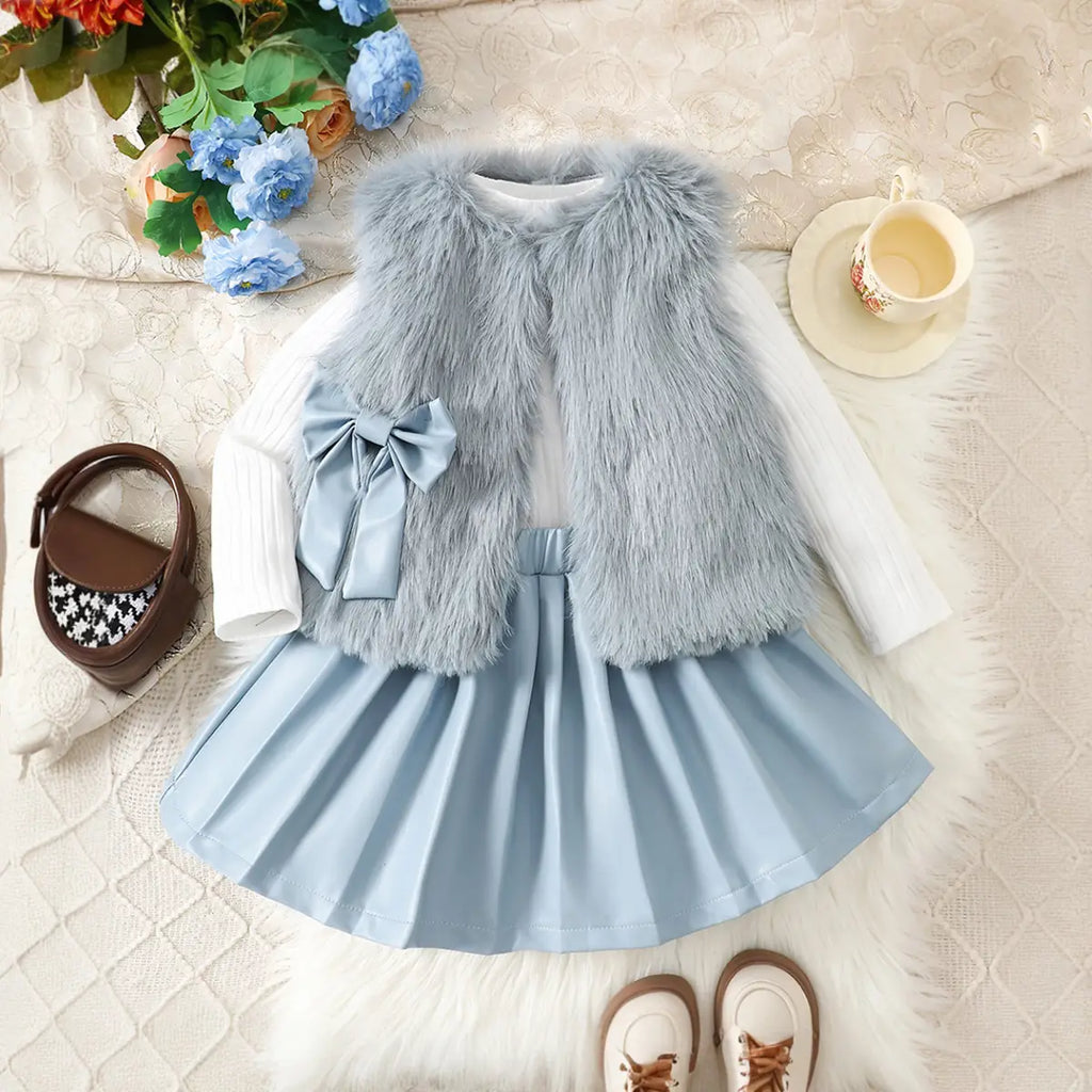 Girls Light Blue Faux Fur Vest With T-Shirt & Pleated Skirt Sets Sets Light Blue 2-3 Y