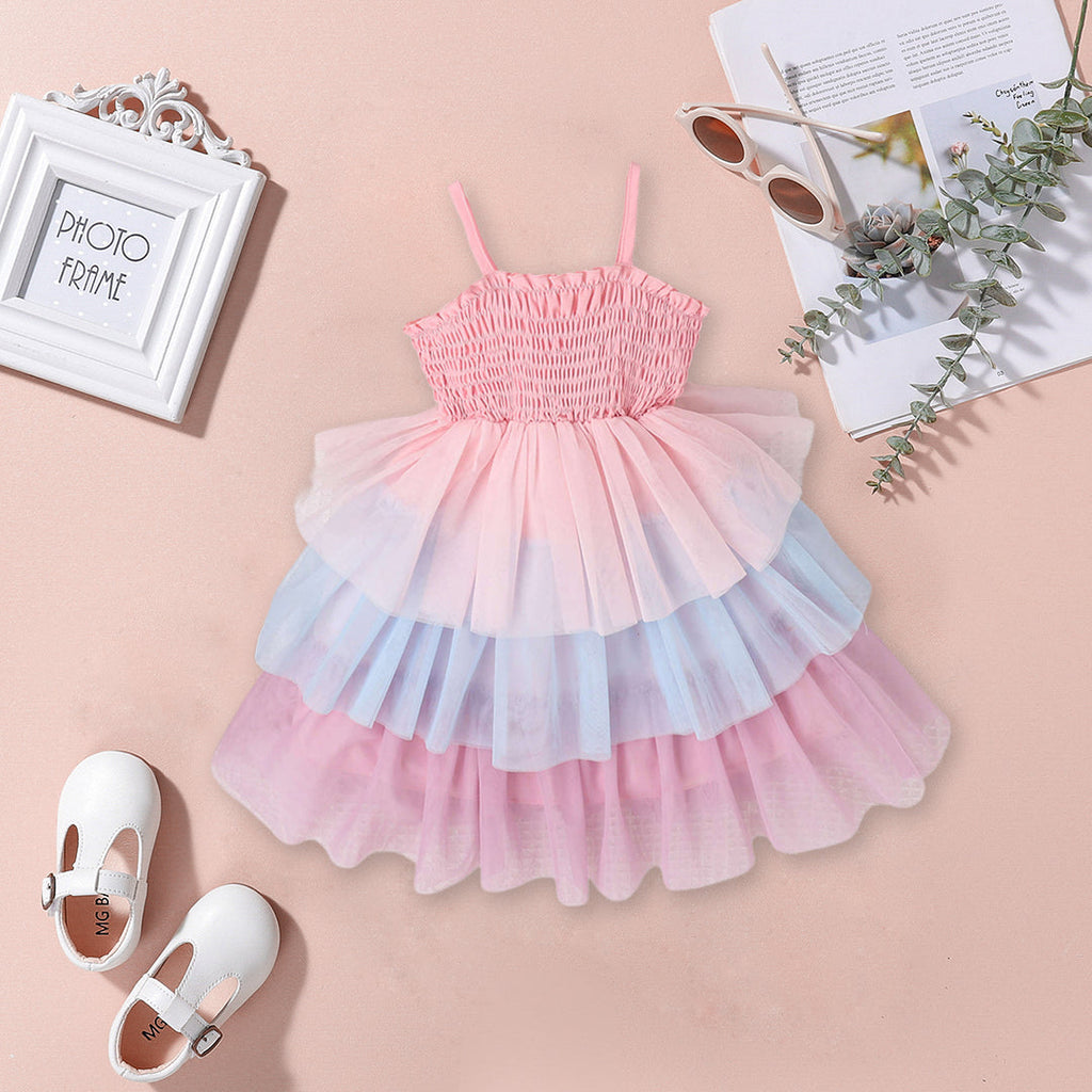 Girls Elasticated Multi Layered Fit & Flare Dress Casual Dresses Pink 3-4 Y 