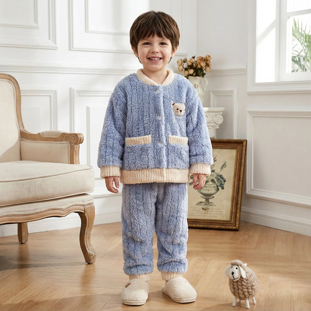 Boys Blue Fleece Bear Applique Button-up Jacket With Jogger Co-ord Sets Sets Blue 1-2 Y
