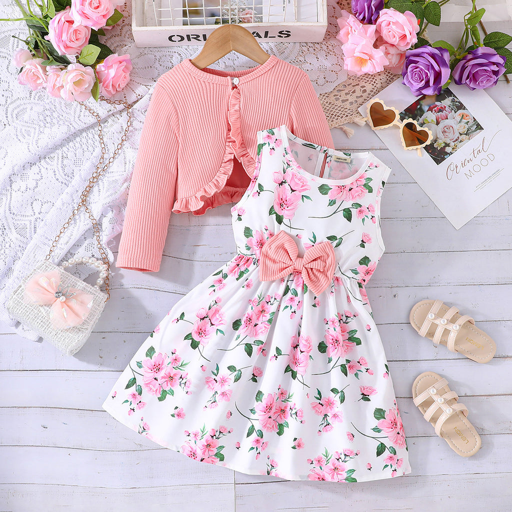 Girls Pink Floral Printed Fit And Flared Dress With Shrug Casual Dresses Pink 2-3 Y