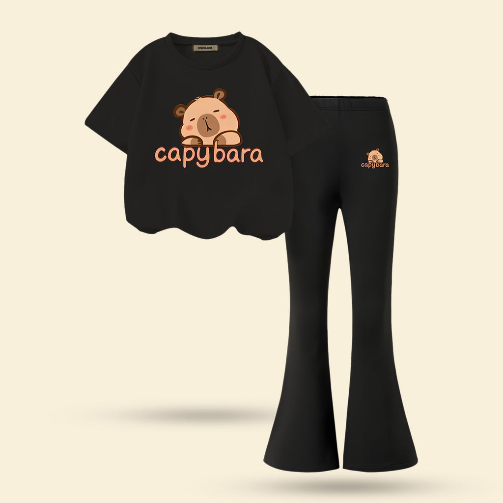 Girls Black Teddy Print Short Sleeve Top With Bell Bottom Pants Set 2 pc. Sets Black 7-8 Y