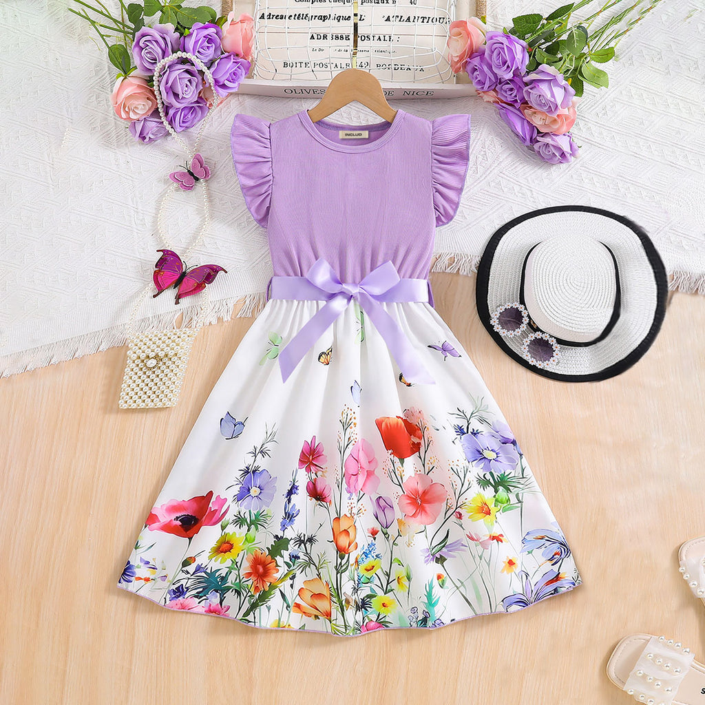 Girls Purple Floral Printed Flutter Sleeves Fit And Flared Midi Casual Dress Casual Dresses Purple 3-4 Y