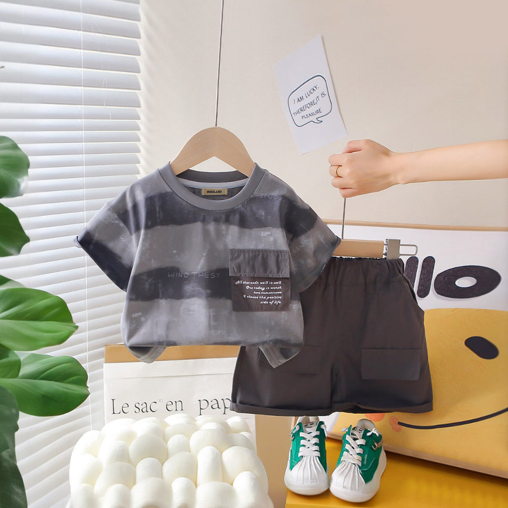 Boys Dark Grey Horizontal Stripe Printed T-Shirt With Shorts Set 2 pc. Sets Dark Grey 1-2 Y