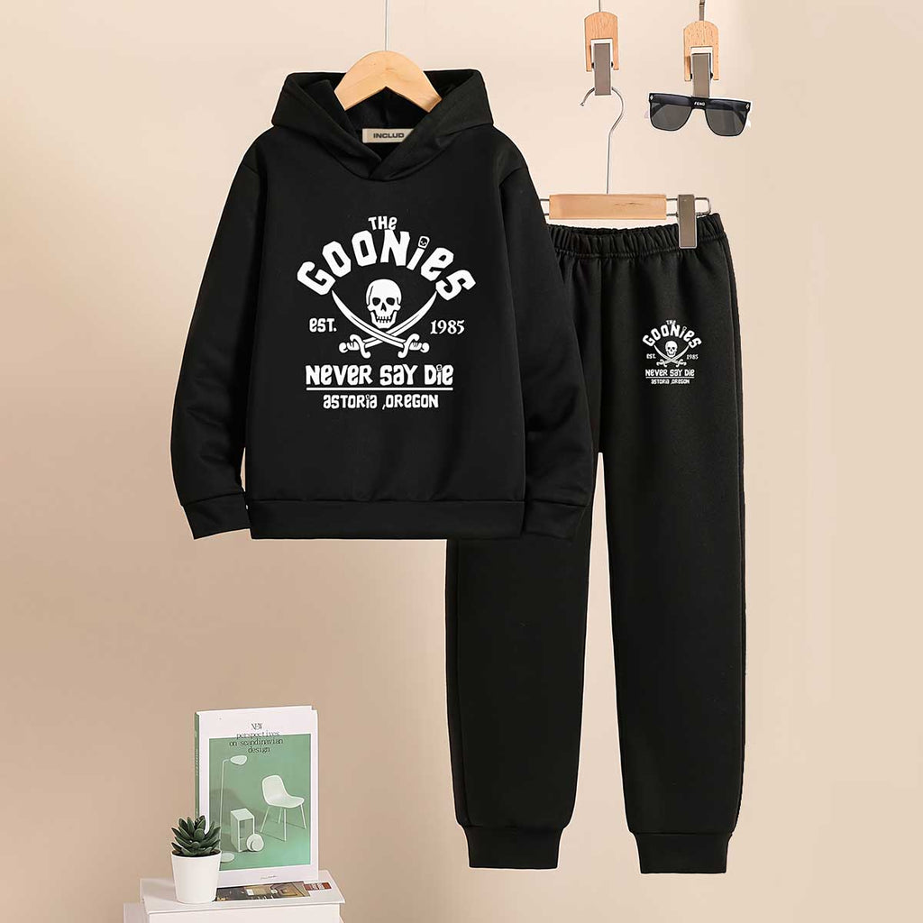 Boys Black The Goonies Graphics Printed Hooded Sweatshirt With Jogger Co-ord Sets 2 pc. Sets Black 7-8 Y