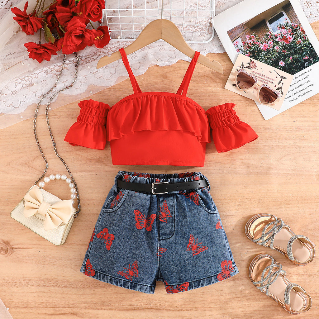 Girls Red Crop Top With Butterfly Printed Denim Shorts Summer Set 2 pc. Sets Red 2-3 Y