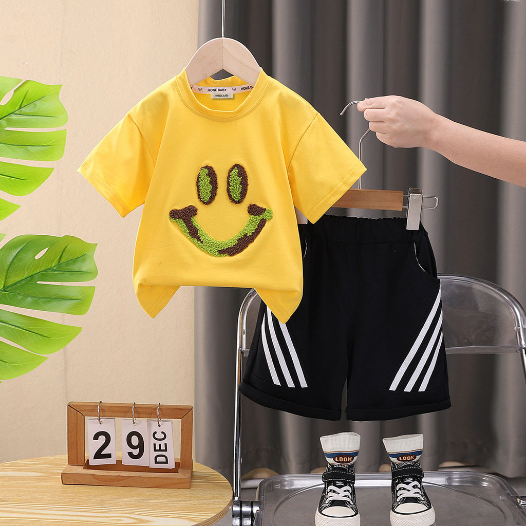 Boys Yellow Smiley Patch T-shirt with Striped Shorts Set Sets Yellow 1-2 Y