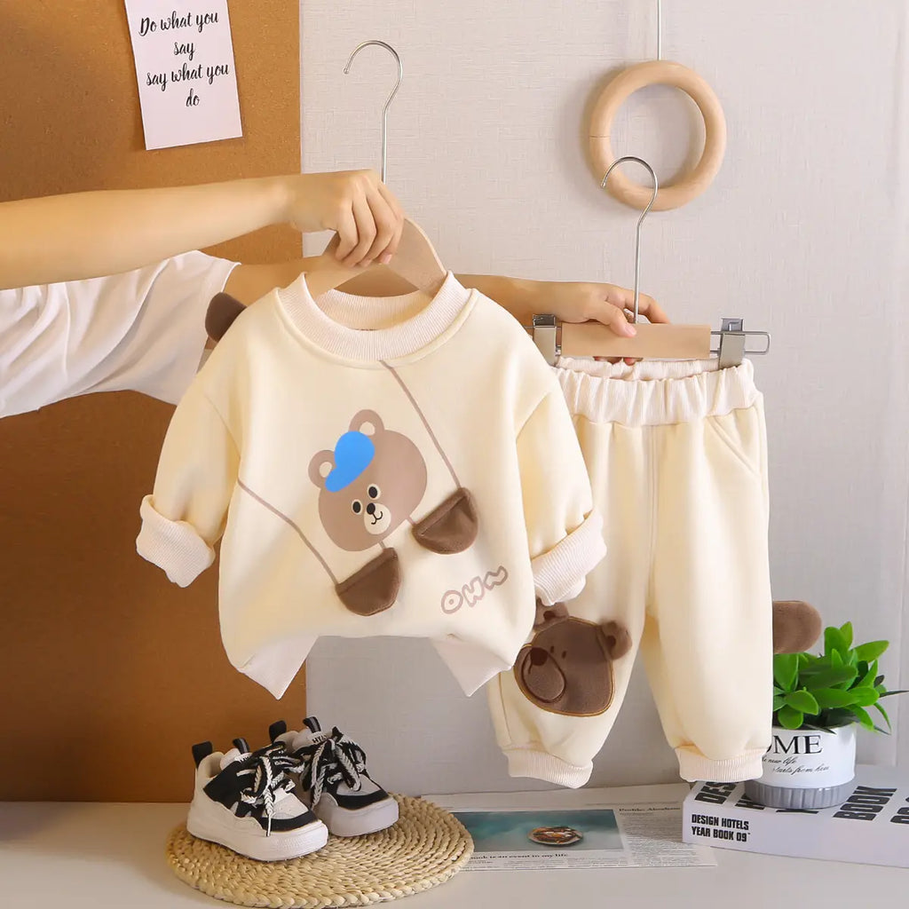 Boys Beige Bear Face Printed Sweatshirt With Jogger Sets Sets Beige 1-2 Y