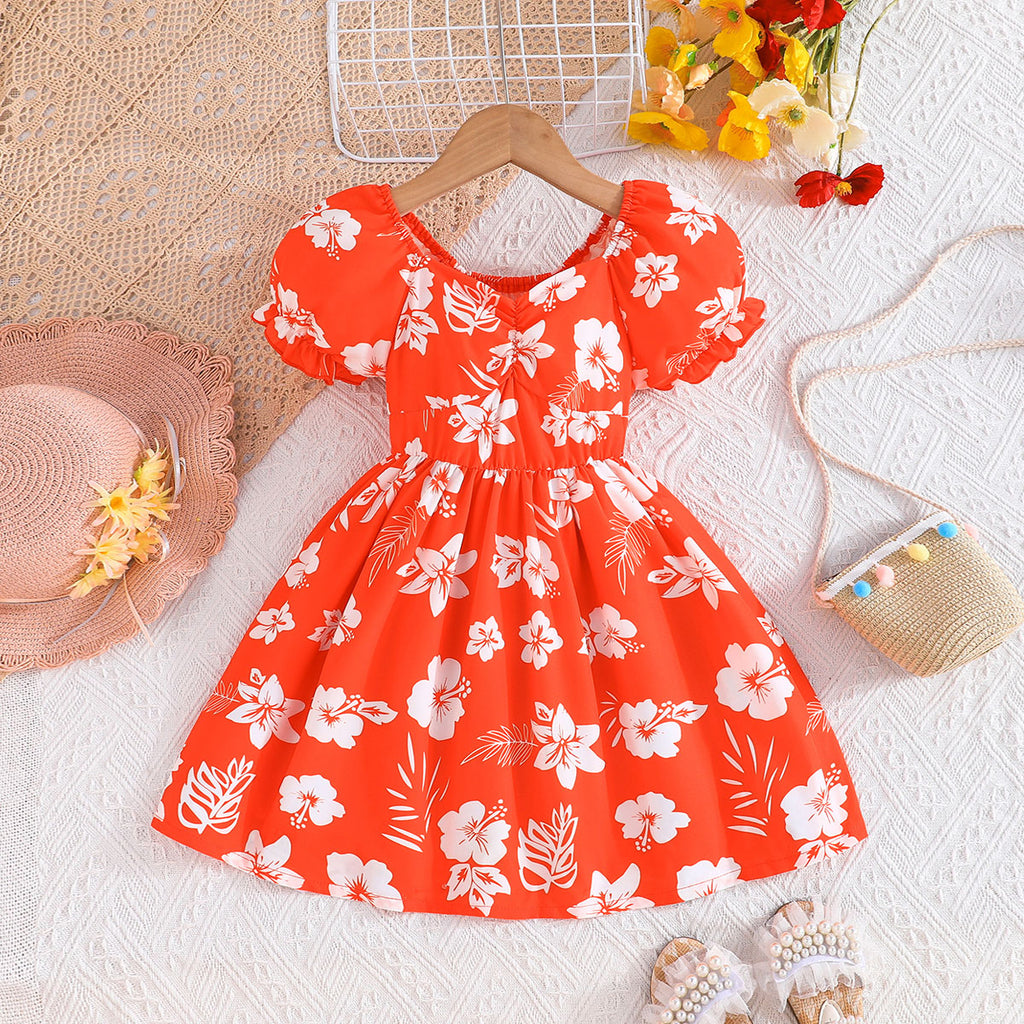 Girls Orange Sweetheart Neck Floral Printed Fit Flare Dress – INCLUD