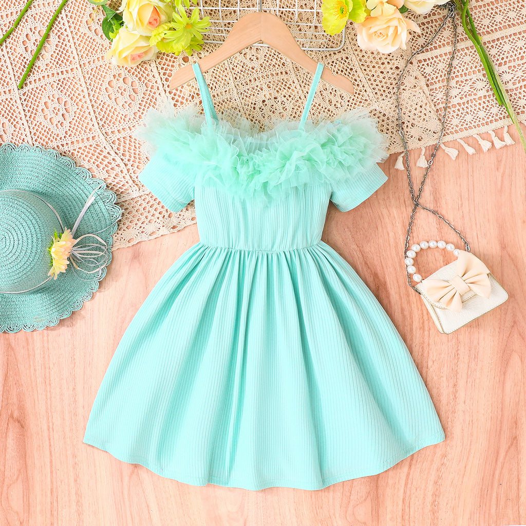 Girls Sea Green Raglan Short Sleeves Shoulder Strap Dress Casual Dresses