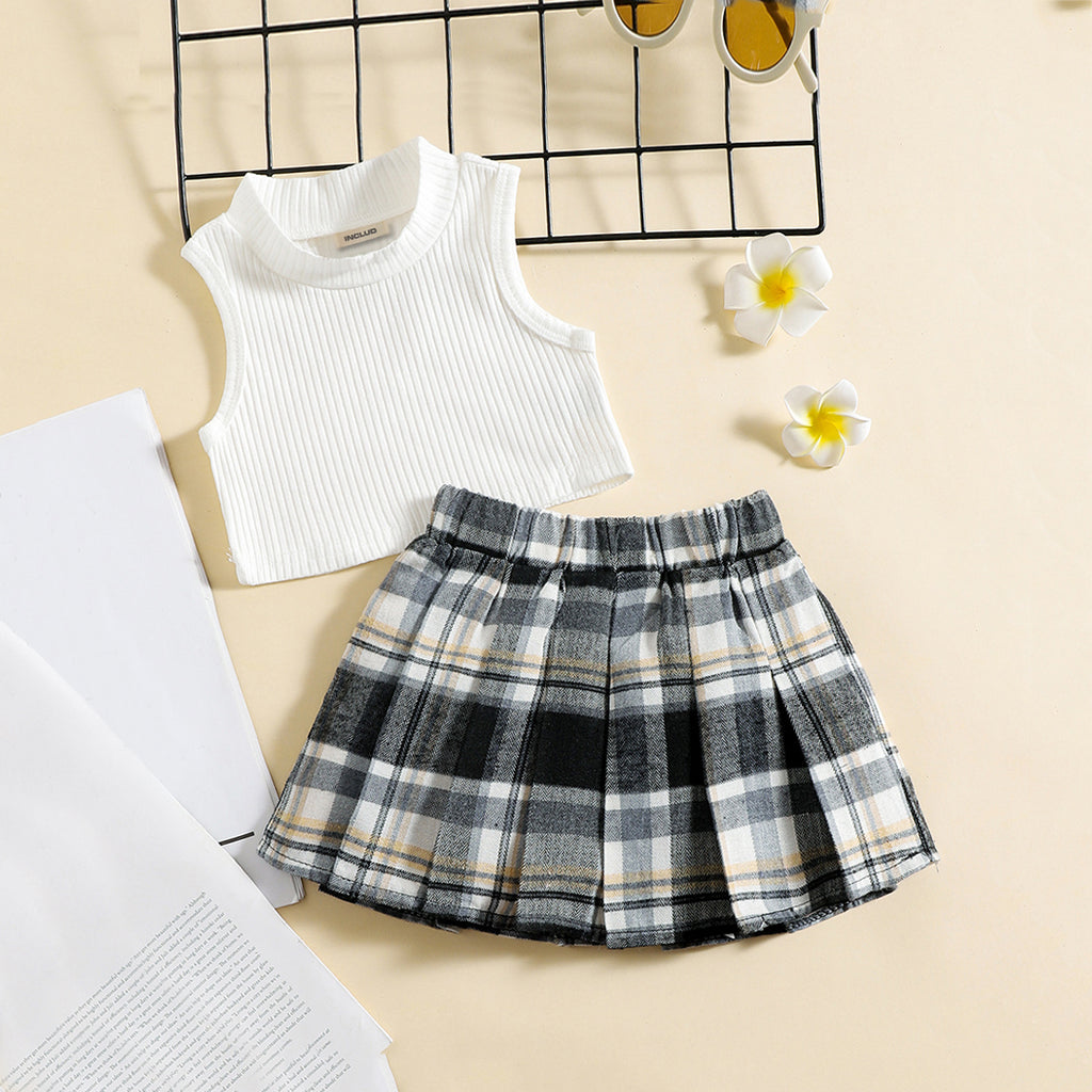 Girls Sleeveless Crop Top With Plaid Pleated Skirt Set 2 pc. Sets White 7-8 Y 