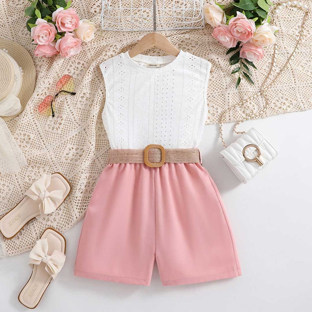 Girls Sleeveless Schiffli Top With Short Set 2 pc. Sets White 7-8 Y 