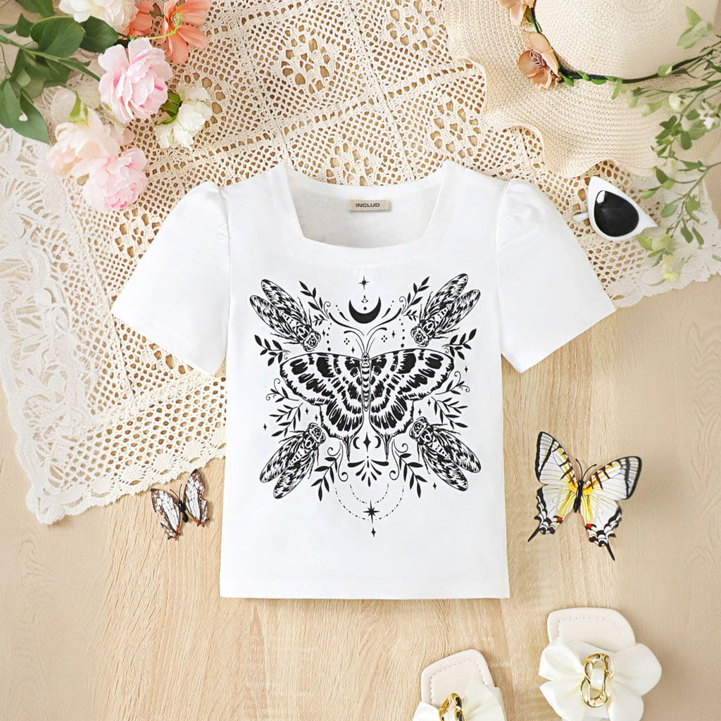 Girls White Printed Short Sleeves Top Tops White 8-9 Y 