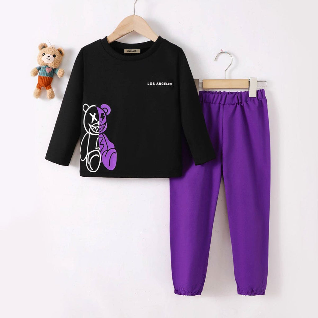Girls Black Printed Full Sleeves T-shirt with Pyjamas Set Sets Black 4-5 Y 