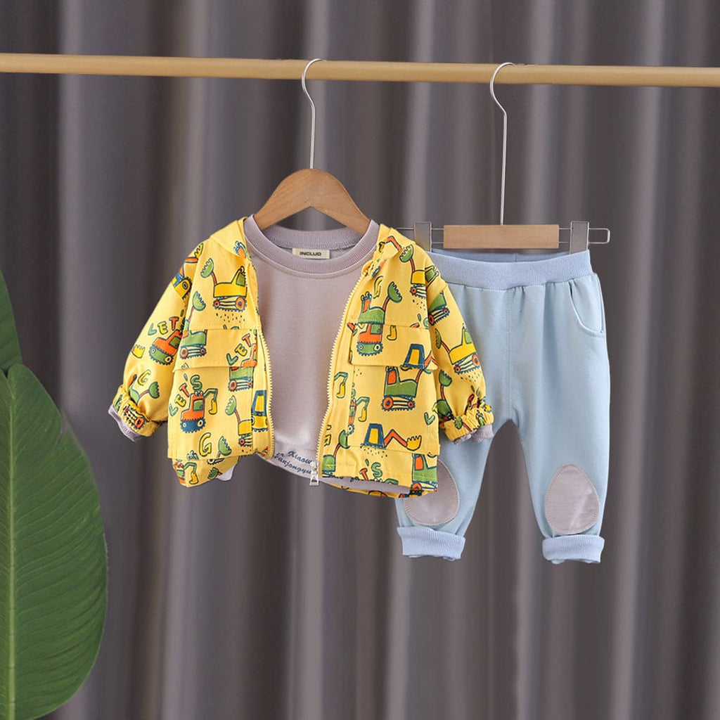 Boys Cartoon Print Hooded Jacket With Grey Sweatshirt & Trouser Set Sets Gray 1-2 Y 