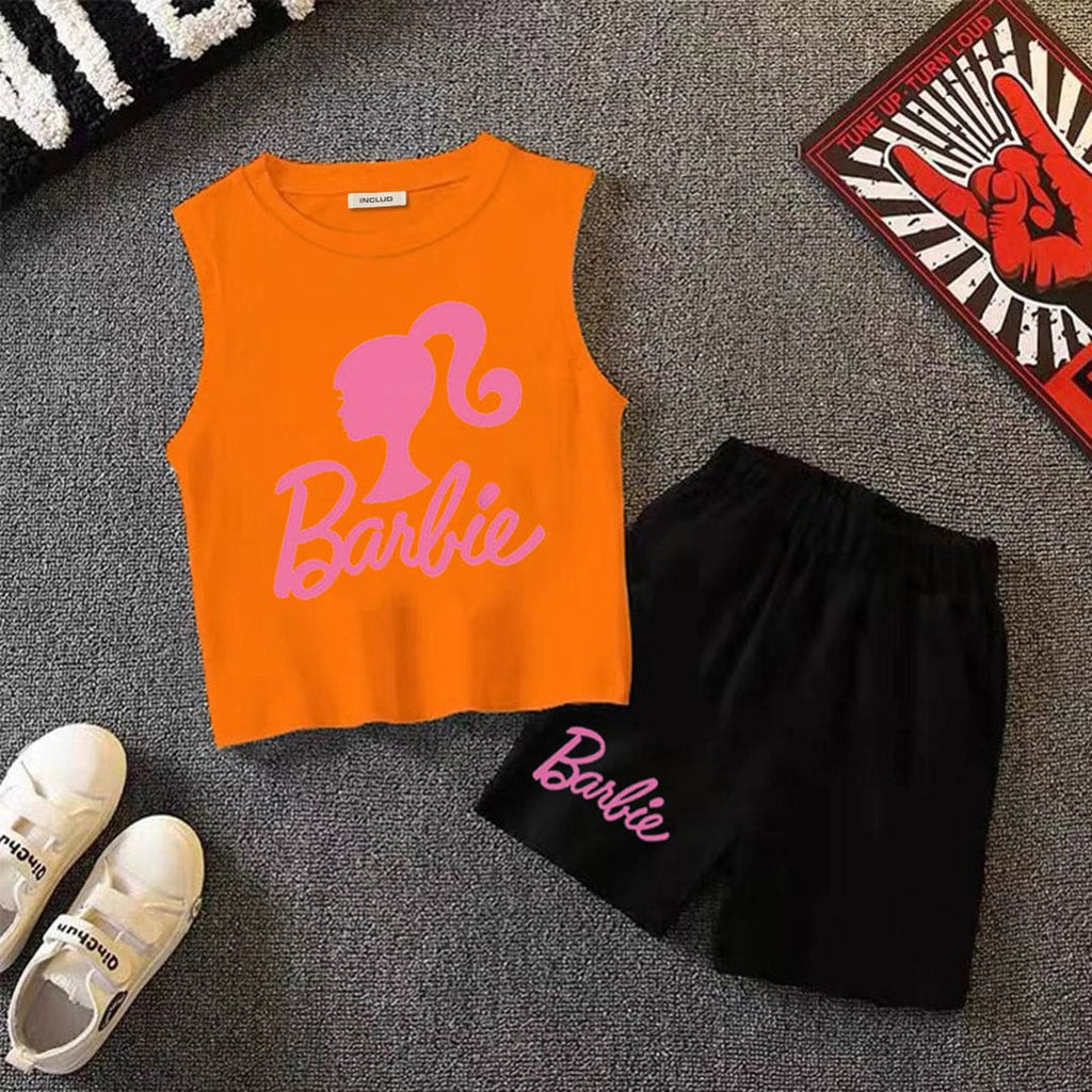 Girls Orange Barbie Printed Vest With Elasticated Shorts 2 pc. Sets Orange 2-3 Y