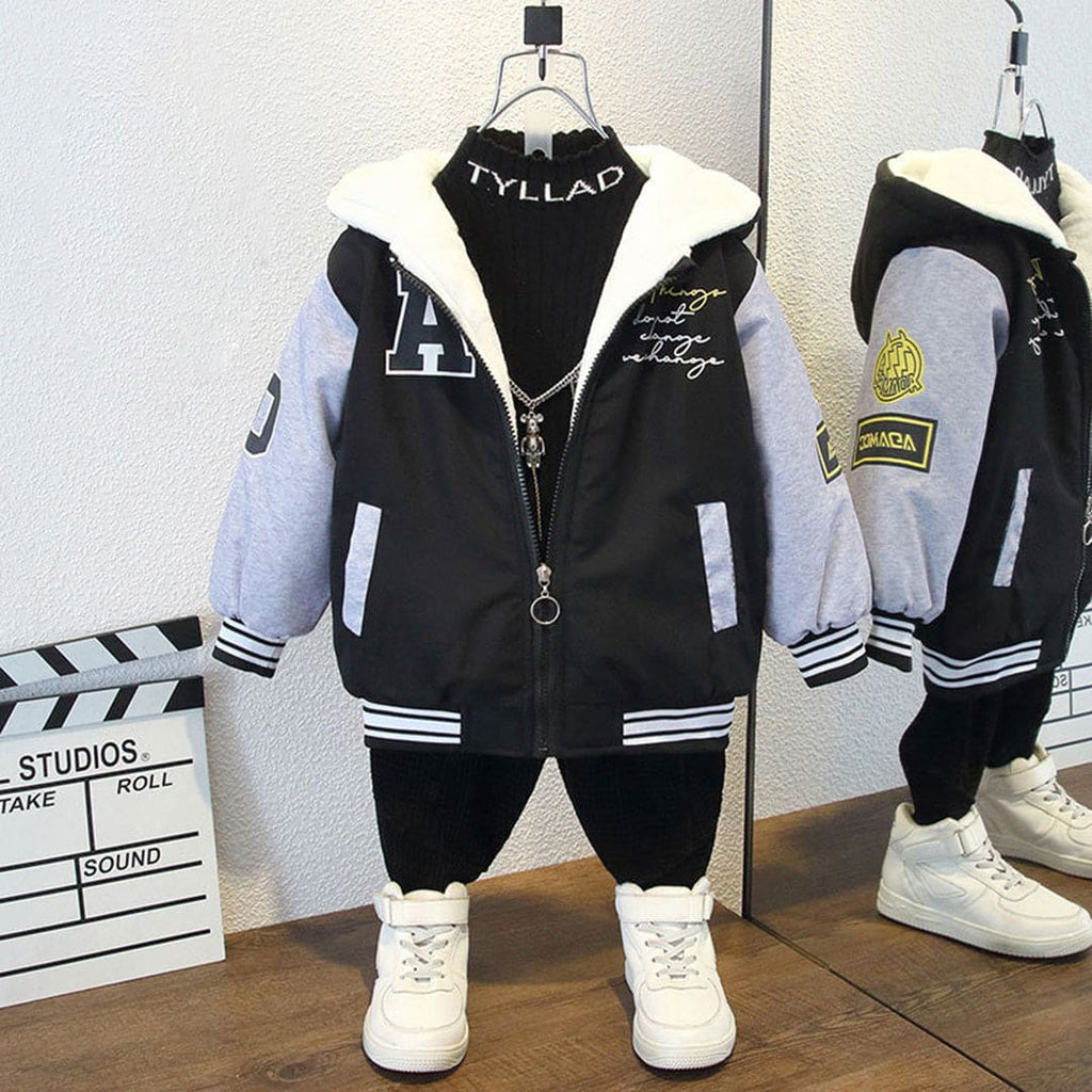 Girls Black Printed Varsity Jacket With Fleece Lining Coats & Jackets Black 1-2 Y 