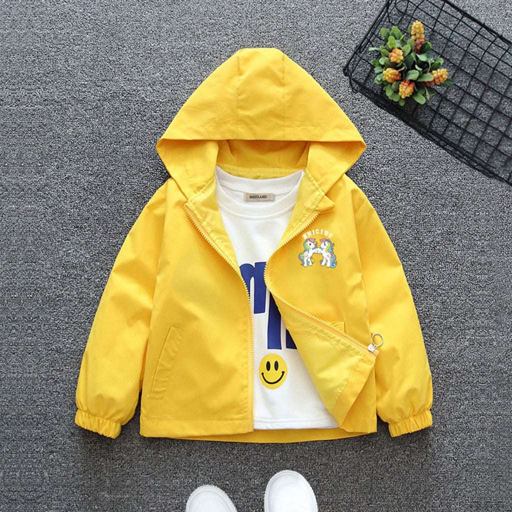 Girls Yellow Cute Horses Printed Front Open Hooded Jacket Coats & Jackets Yellow 1-2 Y 