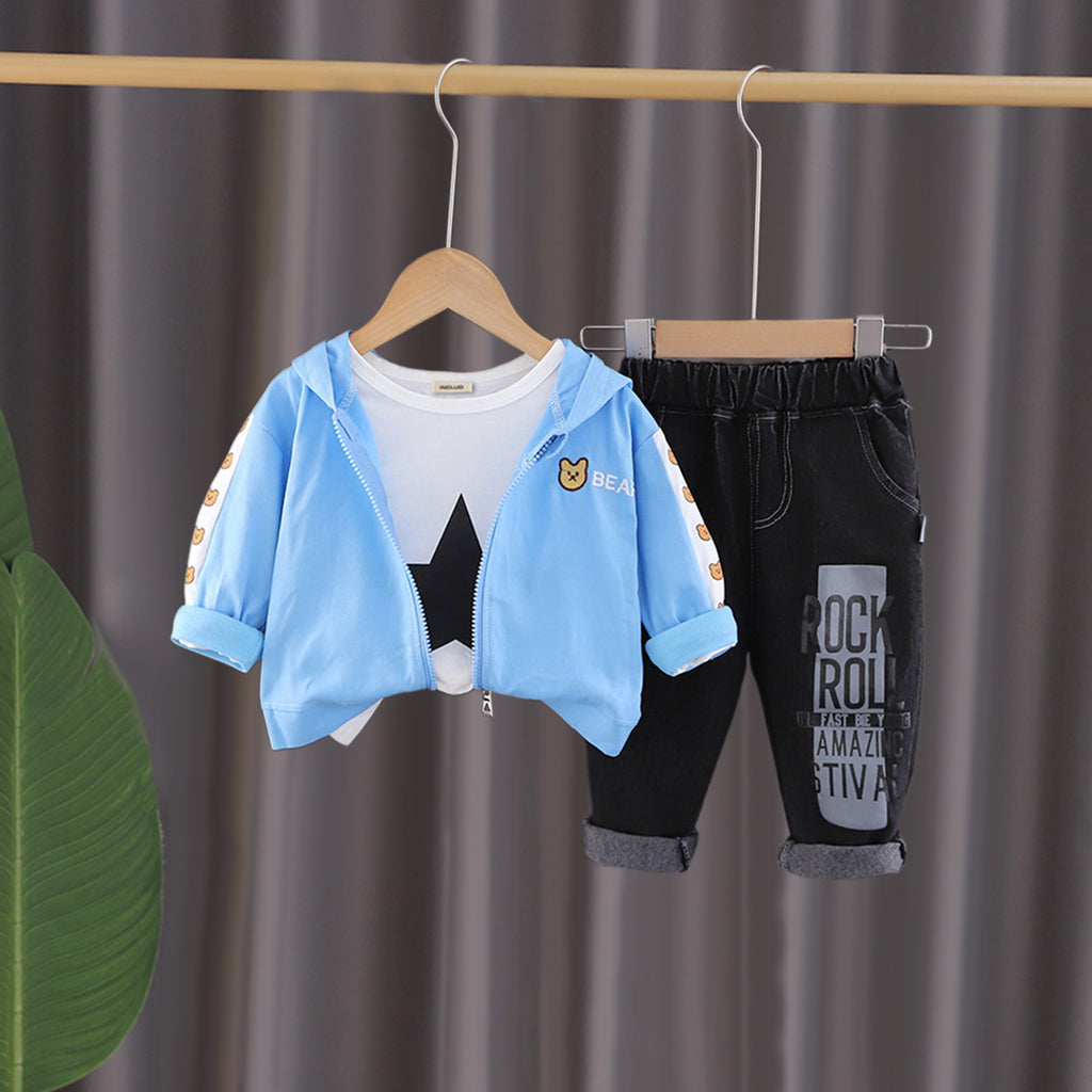 Boys Embroidered Blue Jacket With Star Graphic T-Shirt & Jeans Set Sets Blue 1-2 Y 