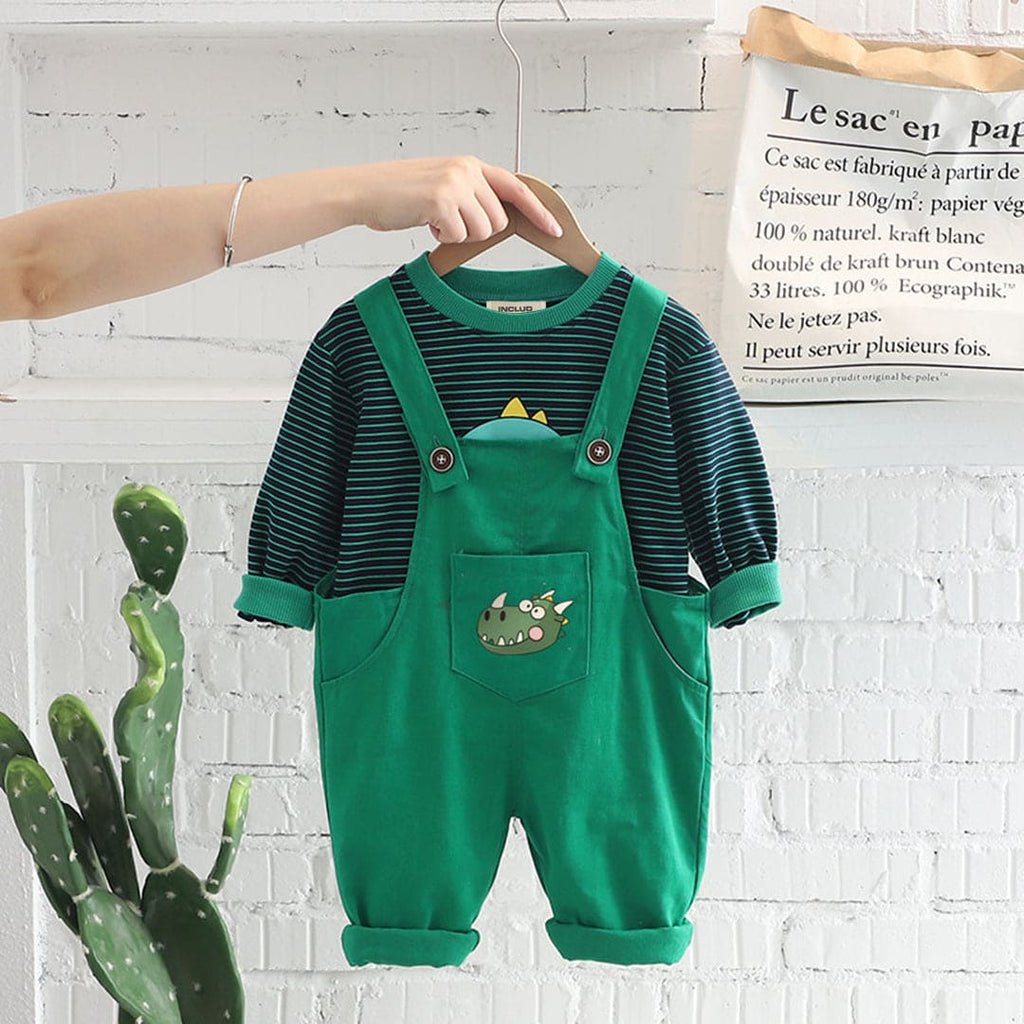 Boys Green Striped T-Shirt With Graphic Dungaree Set Sets Green 1-2 Y 