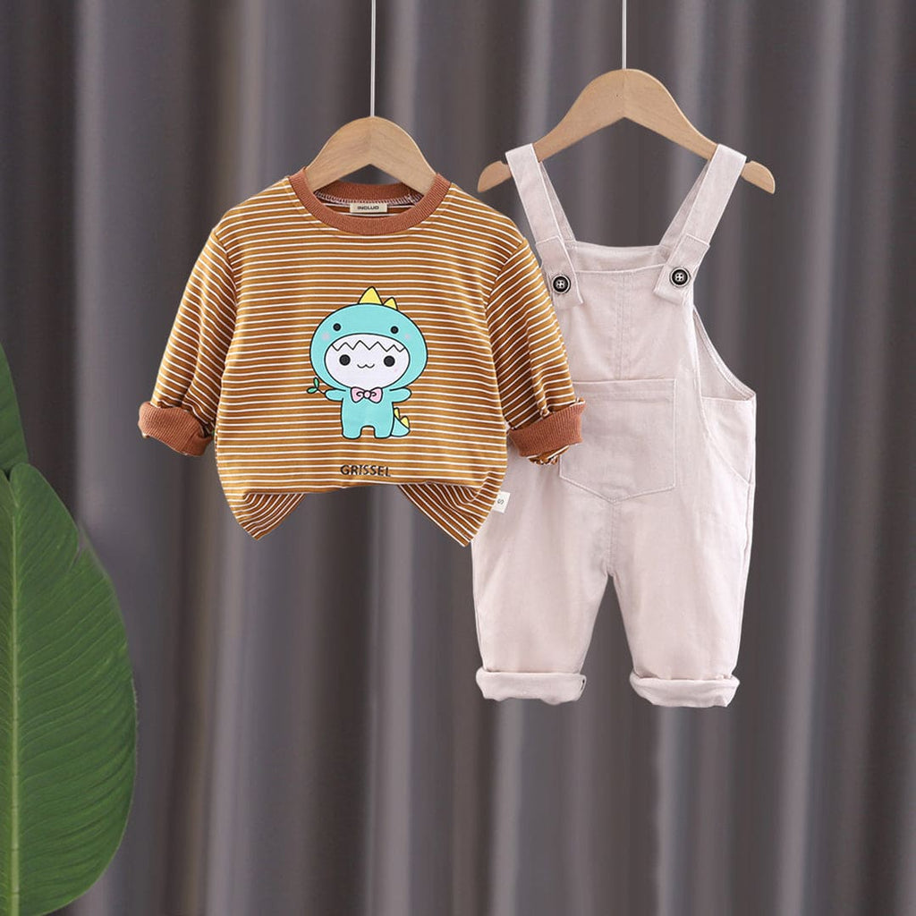 Boys Khakhi Striped Graphic T-Shirt With Dungaree Set Sets Khaki 1-2 Y 