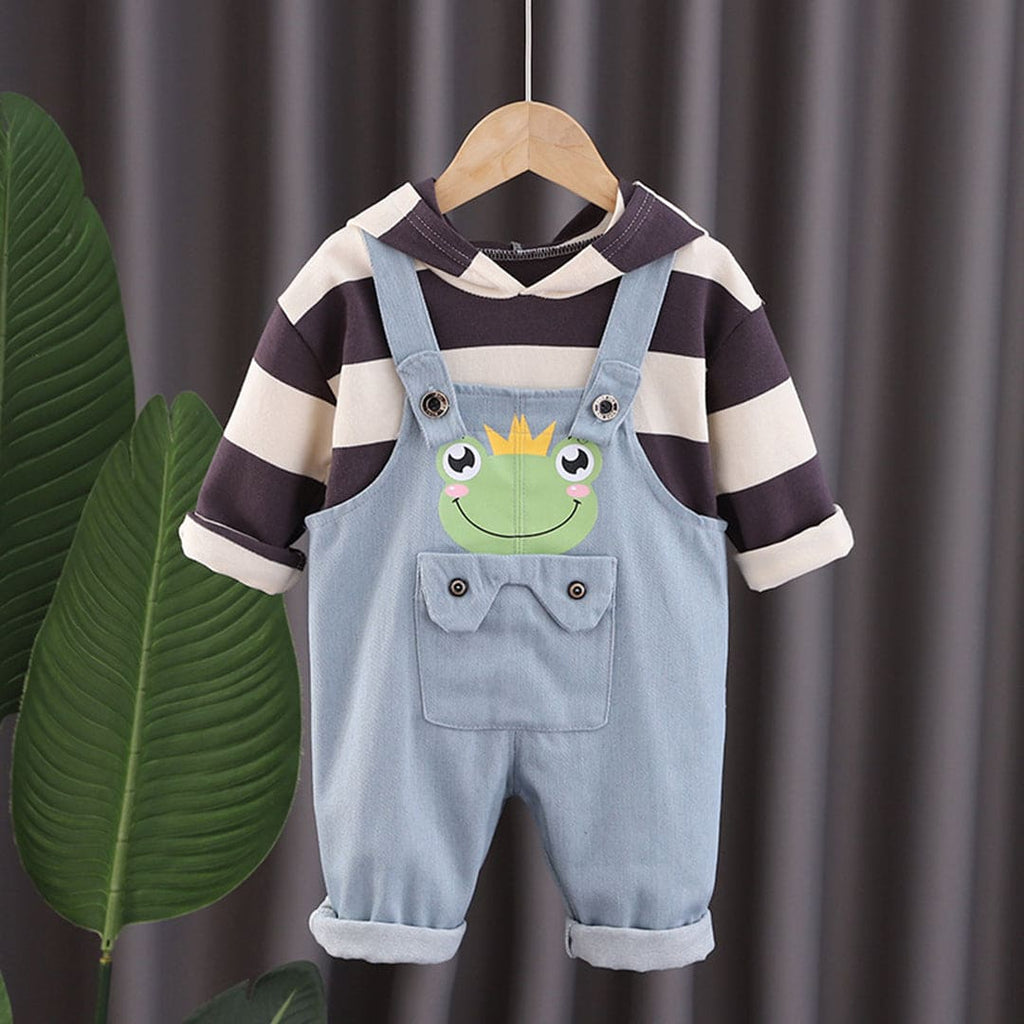 Boys Grey Striped Hooded Sweatshirt With Long Leg Dungaree Set Sets Grey 1-2 Y 