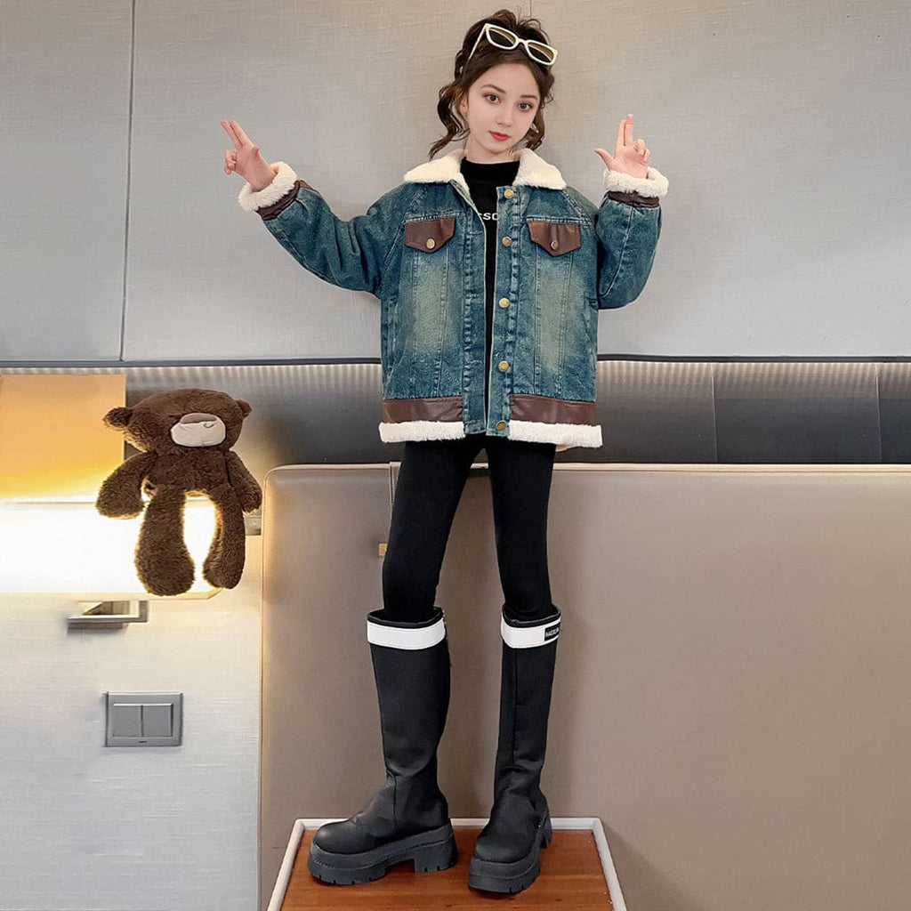 Girls Long Sleeve Denim Jacket With Fur Lining Coats & Jackets Blue 3-4 Y 