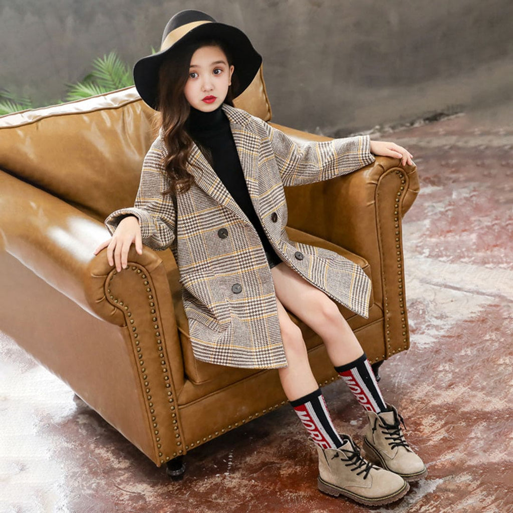 Girls Plaid Long Sleeve Mid Length Coat Coats & Jackets Yellow 3-4 Y 