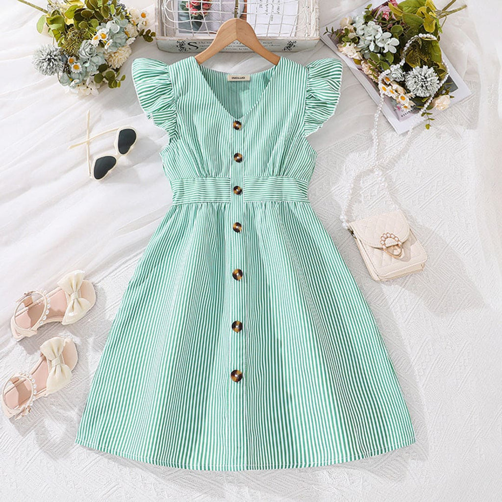 Girls Light Green Stripped Futter Sleeves Fit & Flare Casual Dress Casual Dresses Light Green 7-8 Y
