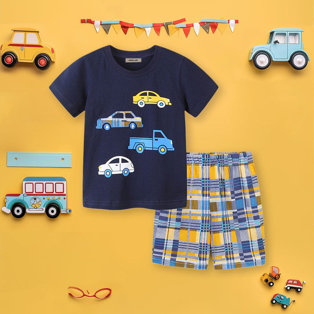 Boys Navy Car Print T-Shirt With Check Print Shorts Set Sets Navy 1-2 Y 