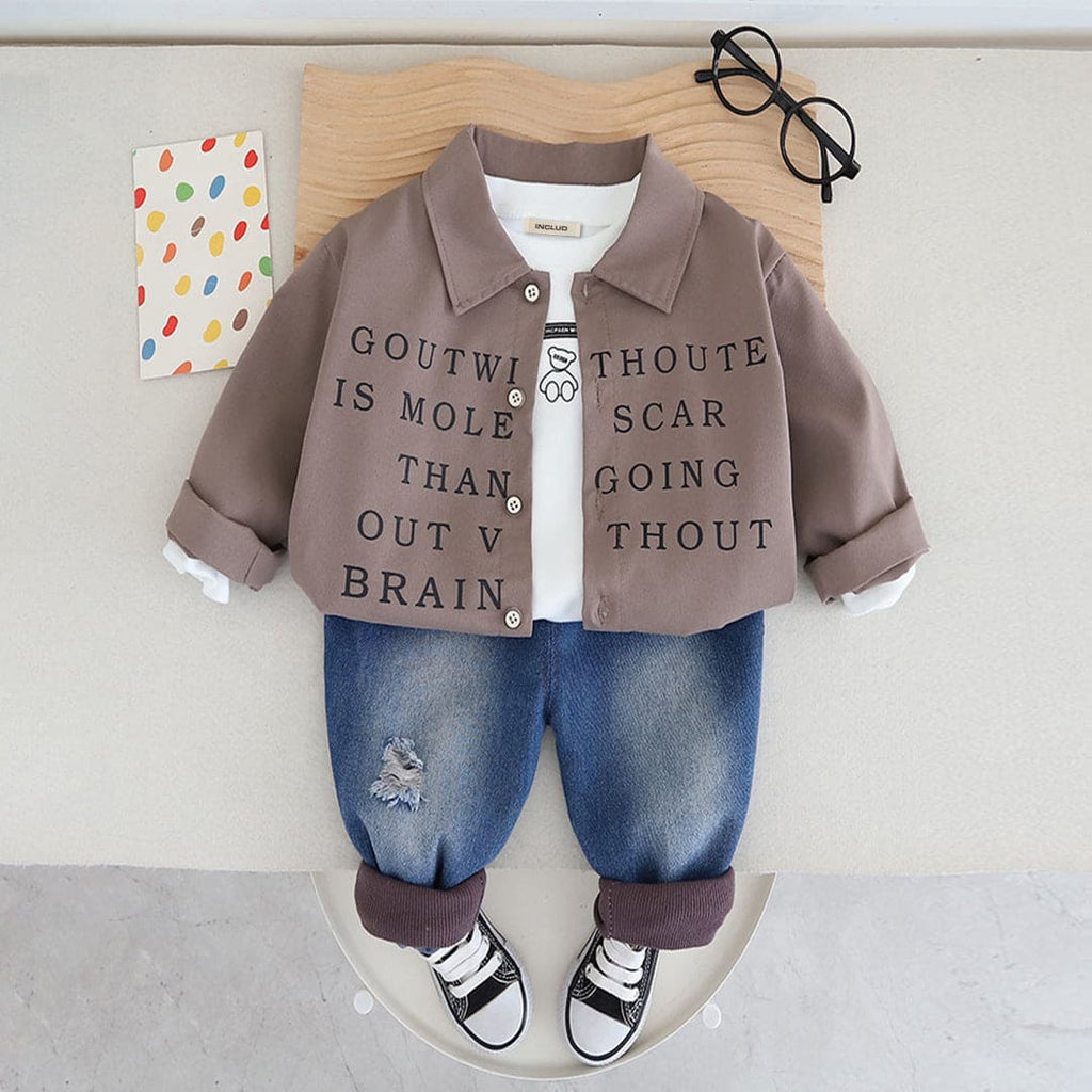 Boys Typography Print Brown Shirt With T-Shirt & Denim Jeans Set Sets Brown 1-2 Y 