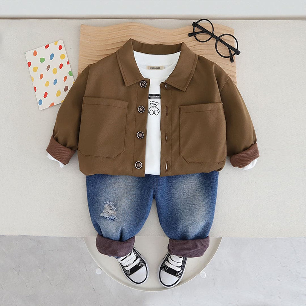Boys Over Sized Shirt With Denim Jeans Set Sets Brown 1-2 Y