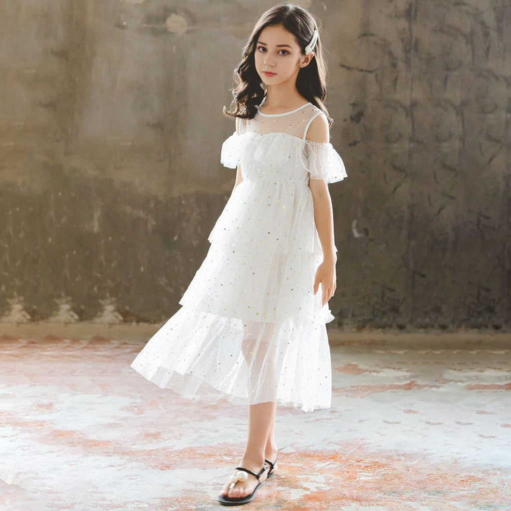 Girls Embellished Cold Shoulder Sleeves Party Wear Dress Party Dresses White 4-5 Y 