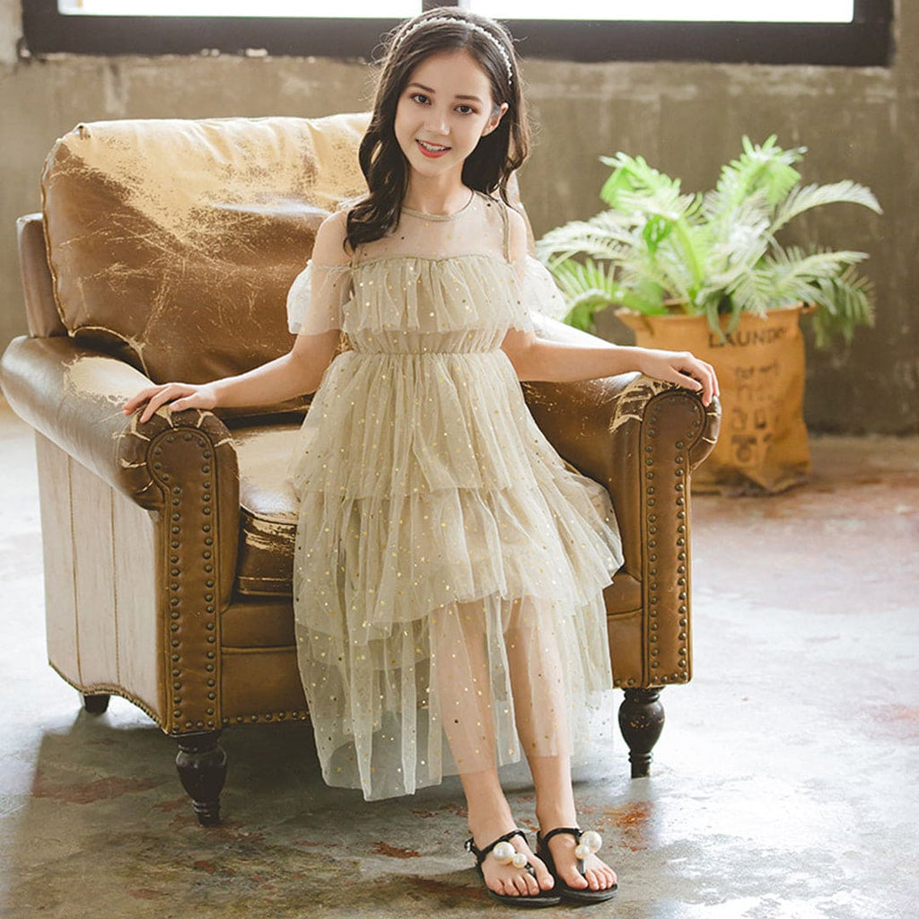 Girls Embellished Cold Shoulder Sleeves Party Wear Dress Party Dresses Light Brown 4-5 Y 