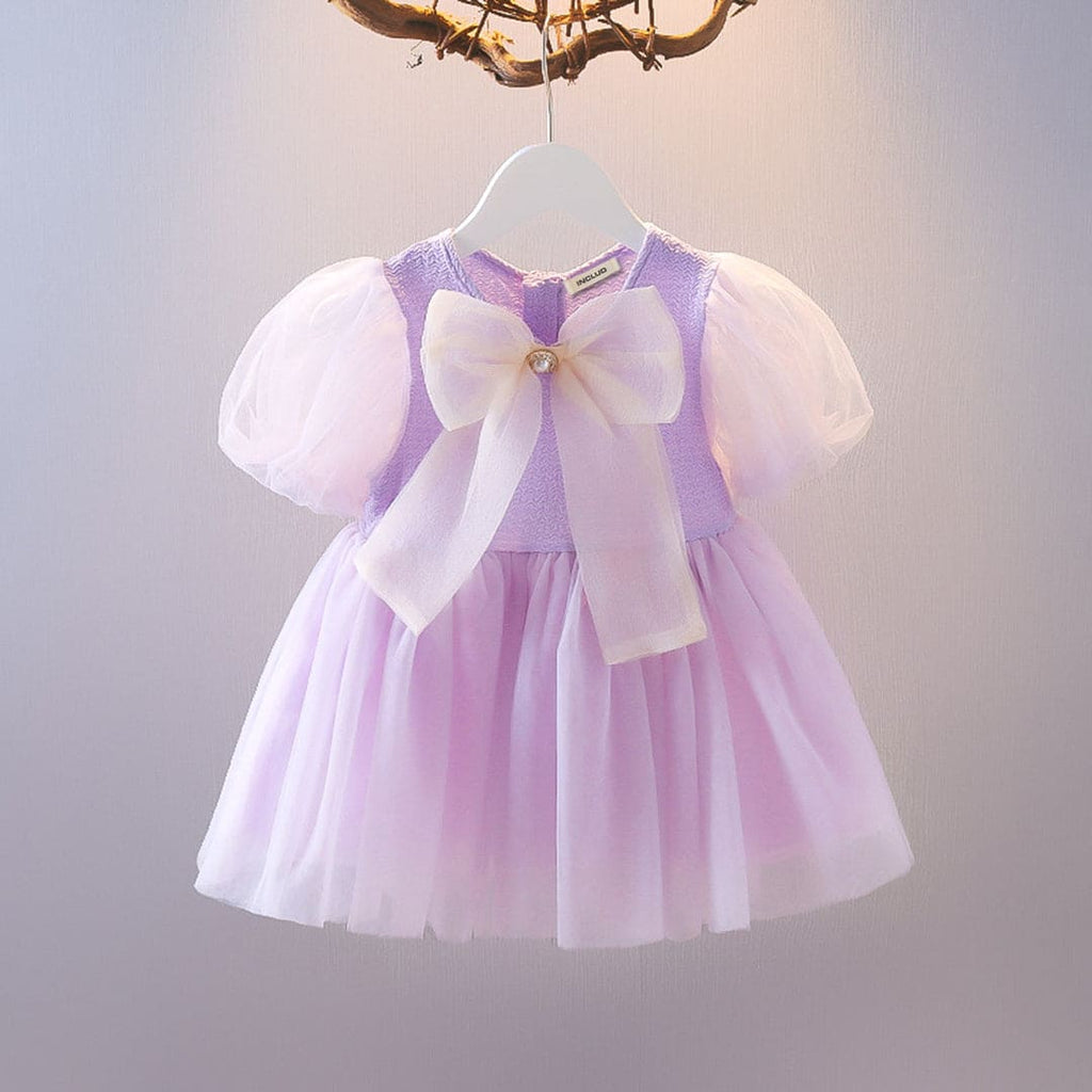 Girls Purple Puff Sleeves Bow Applique Fit & Flared Casual Dress Casual Dresses Purple 1-2 Y 
