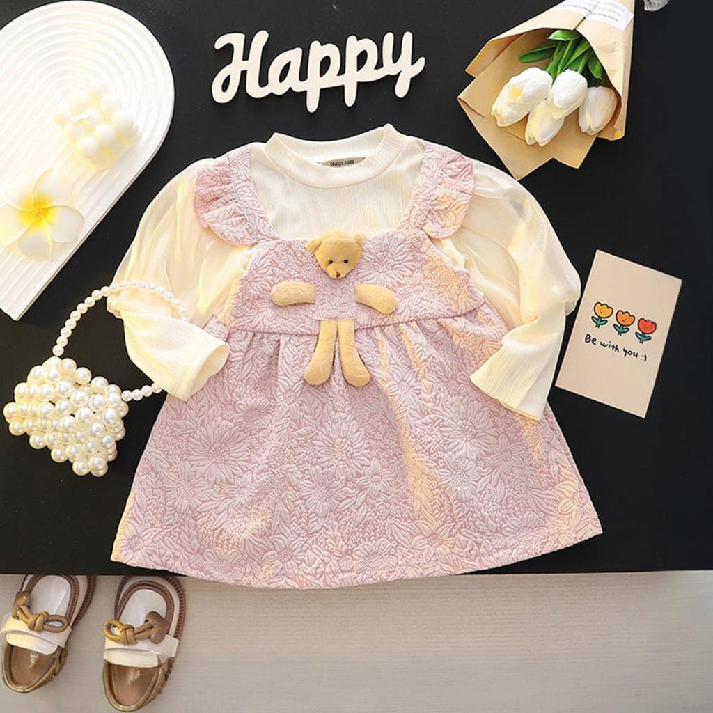 Girls Pink Textured Full Sleeves Fit & Flare Dress Casual Dresses Pink 1-2 Y 