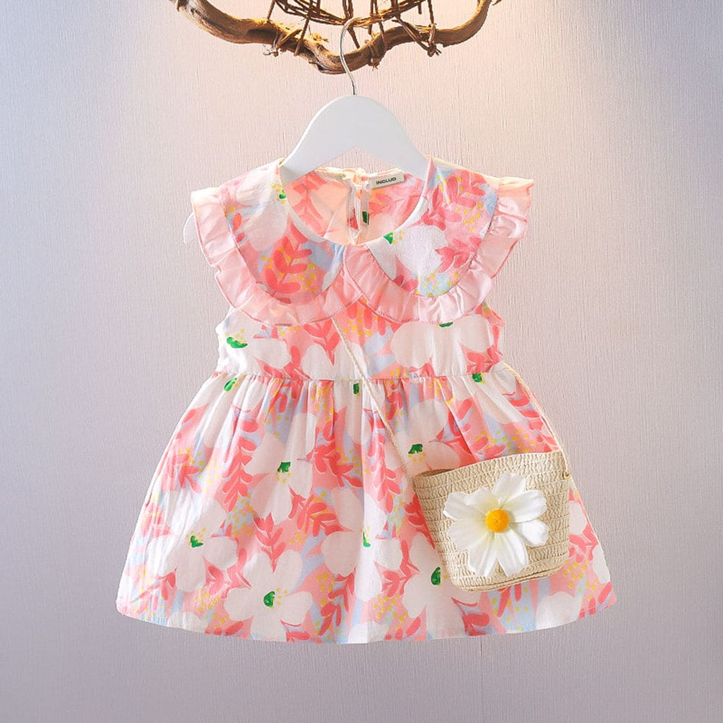 Girls Floral Print Peter Pan Collar Fit  & Flare Dress with Sling Bag Casual Dresses Light Pink 1-2 Y 