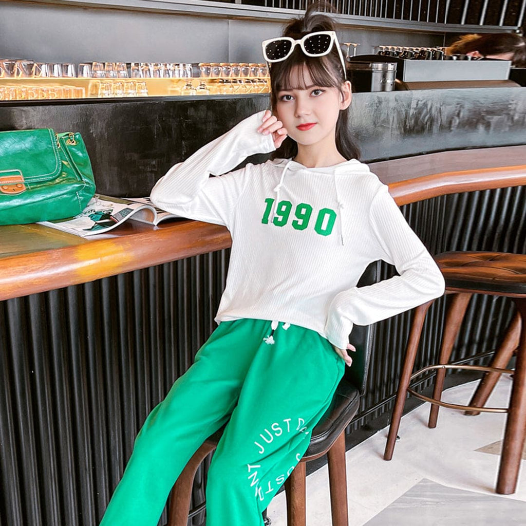 Girls Green Printed Hoodie with Sweatpants Set Sets Green 3-4 Y 