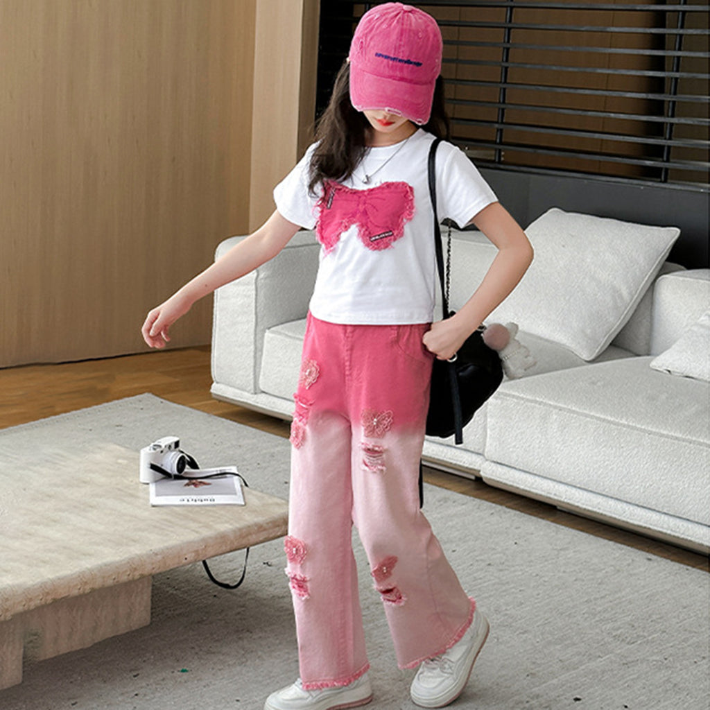 Girls Bow Patch Short Sleeves T-shirt Tshirts White 4-5 Y 