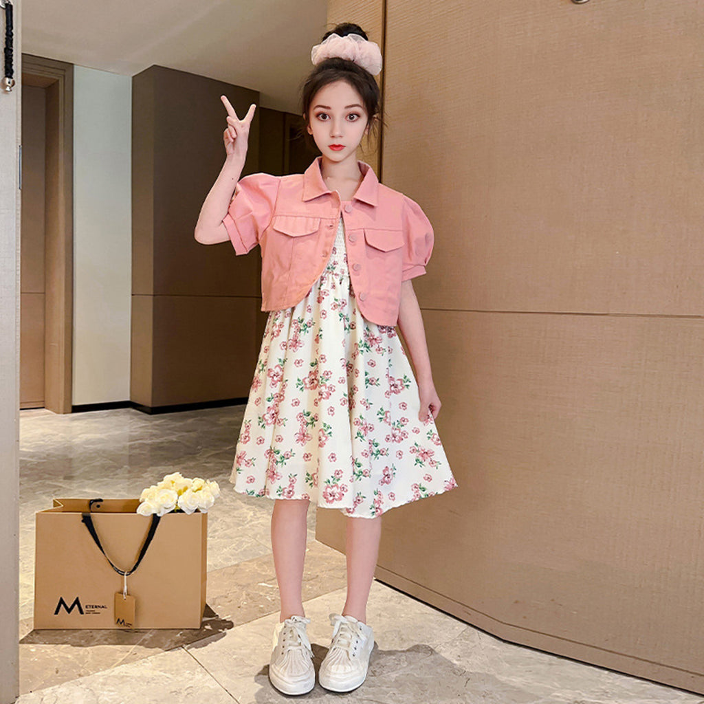 Girls Sleeveless Fit & Flare Dress With Puff Sleeves Denim Jacket Casual Dresses Pink 3-4 Y 